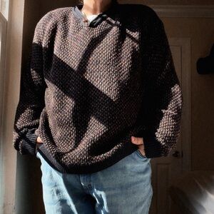 Vintage Geoffrey Beene Sweater USA Made Mens XL XXL Patterned Knit Henley 90s